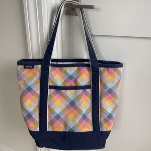 Lands' End Medium 5 Pocket Open Top Canvas Tote Bag multi-color plaid/check